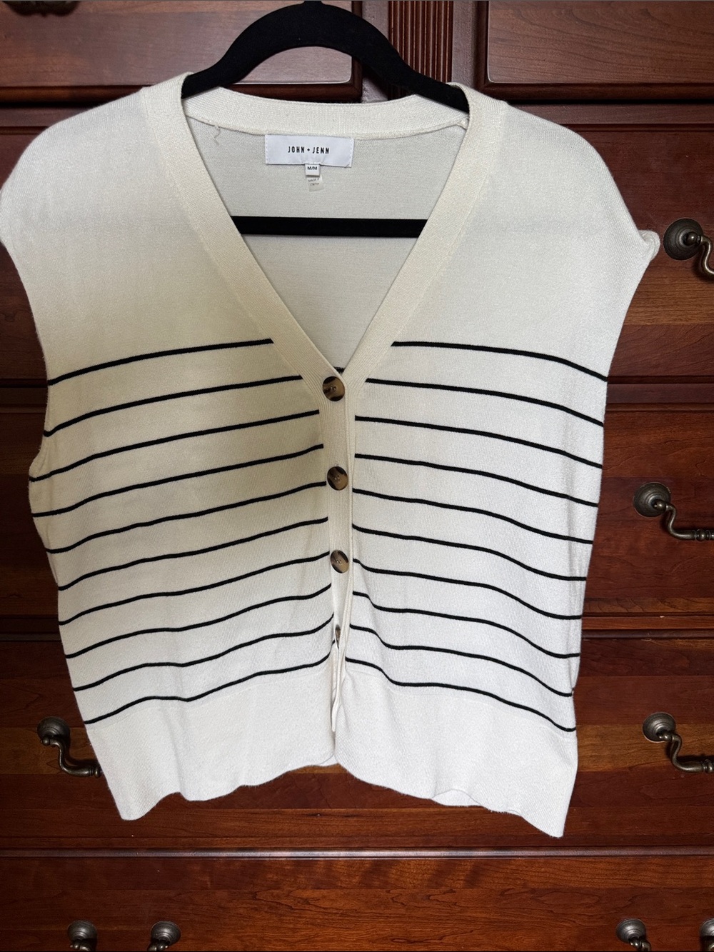JOHN + JEN Cream Knit Buttoned Vest with Black Stripes by Evereve size medium